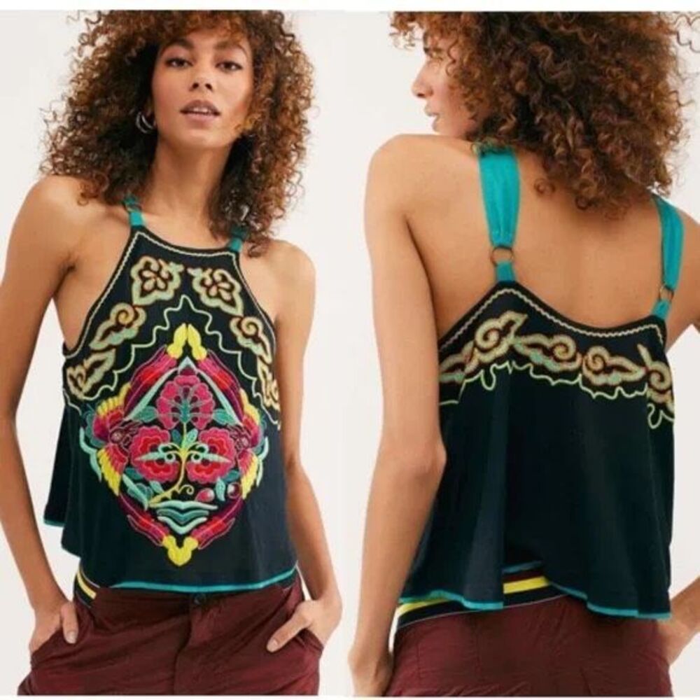 FREE PEOPLE Women’s Black Multicolor Embroidered Heat Wave Tank Top XS